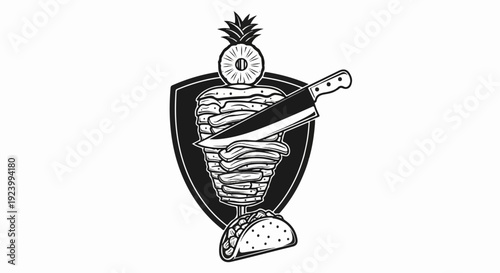 Sliced meat on a spit with pineapple and taco