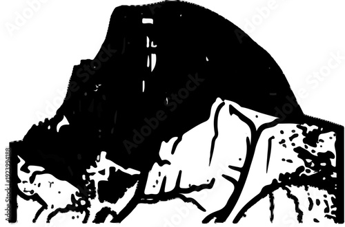 Stylized high-contrast black and white depiction of mountains