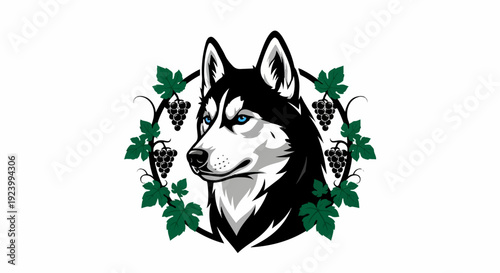 Stylized husky head portrait framed by grapevines and dark grape clusters