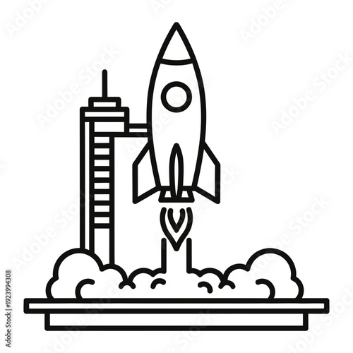 A rocket ship taking off from a launch pad