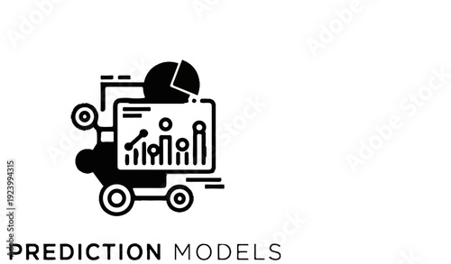 Stylized icon depicting data analysis and prediction, with charts and gears