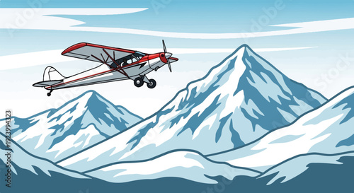 Small red and white airplane flies over snowy mountain peaks