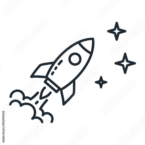 A simple line drawing of a rocket ship blasting off into space