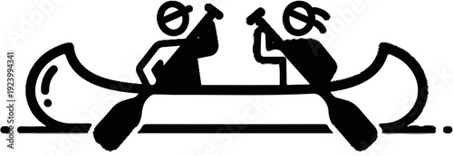 Stylized icon of two people in a canoe rowing together on water