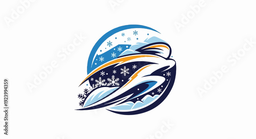Stylized icy wind with snowflakes and mountains in a blue arc