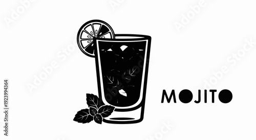 Stylized black and white graphic of a mojito drink with lime and mint
