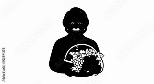 Stylized figure of a woman holding a basket overflowing with fruits and grapes