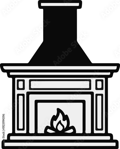 Stylized illustration of a black and white fireplace with a fire burning