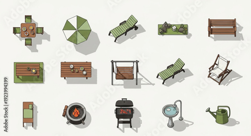 Collection of outdoor furniture and accessories for garden and patio design.