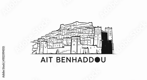 Stylized illustration of a historic fortified village on a hillside with text