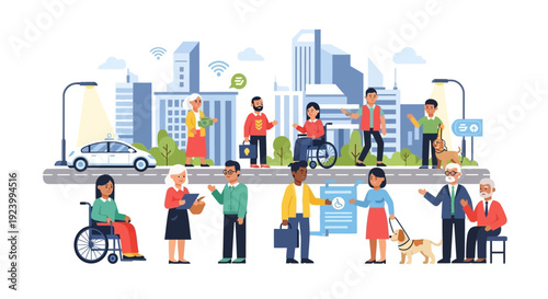 Inclusive City Life: Diverse People, Seniors & Individuals with Disabilities in Modern Urban Landscape with Accessible Features & Smart Tech