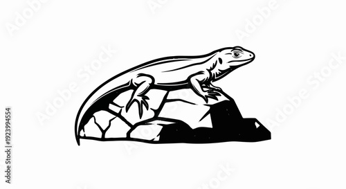 Stylized illustration of a lizard perched on a rocky outcrop