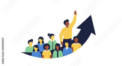 Diverse Team Leadership Driving Business Growth and Success on Upward Arrow Illustration