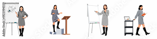 Diverse illustrations of a female professional leading presentations, lectures, and business tasks.