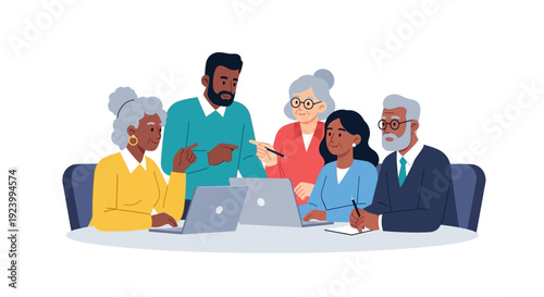 Diverse Multigenerational Group Collaborates on Laptops, Engaged in Learning and Discussion at a Modern Table Meeting