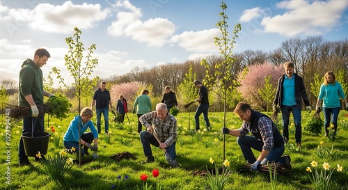 Group planting trees in a sunny meadow during spring season