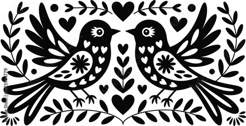 Folk art birds with heart shapes, symmetrical love illustration in black silhouette isolated on white background vector design