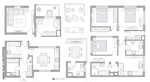 Architectural floor plans showcasing various room layouts and design concepts for residential spaces.
