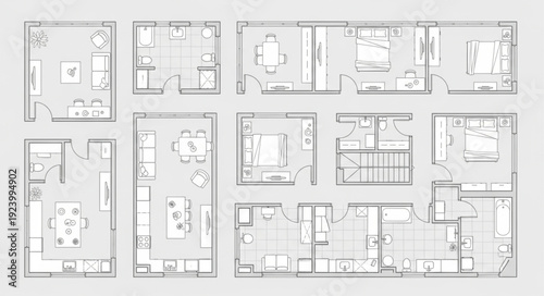 Detailed architectural floor plans showcasing various room layouts and designs for residential spaces.