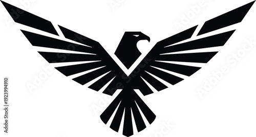 Stylized eagle silhouette with sharp wings, modern black bird emblem logo isolated on white background vector illustration