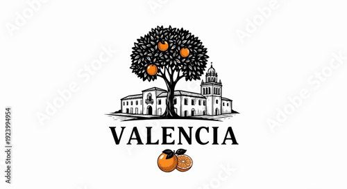 Stylized illustration of an orange tree with fruit before a building and text