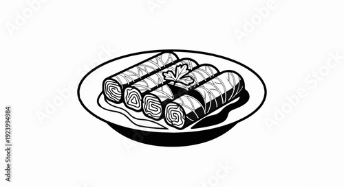 Stylized illustration of four rolled food items with a leafy garnish on a plate