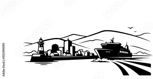 Stylized black and white graphic of a ship sailing past a coastal city