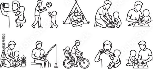 Adorable collection of fatherhood activities and daily parenting moments with a cute child, showing bonding, care, and fun interactions in simple line art illustrations.