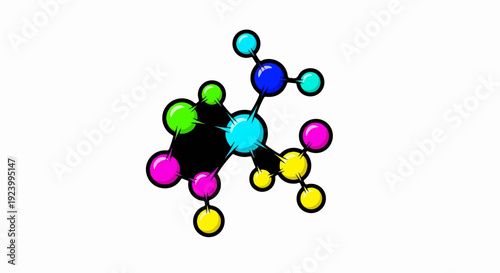 Stylized atomic structure illustration with colorful, glossy spheres and black outlines