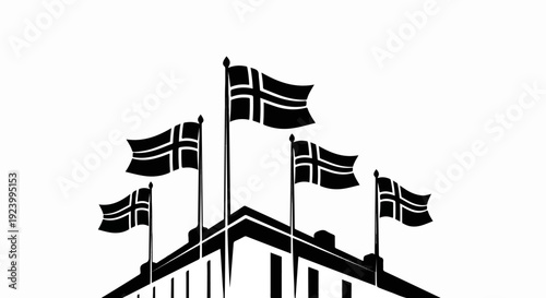 Stylized architectural silhouette with five black flags flying