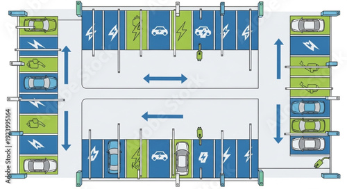 Detailed overhead view of a parking lot with marked spaces and vehicles parked.