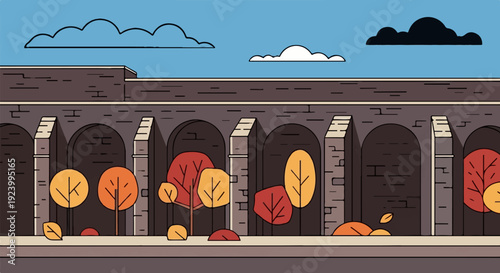 Stylized arched structure with autumn trees and clouds