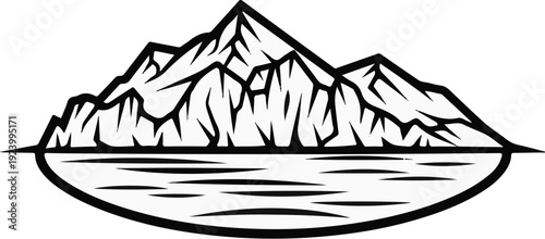 Stylized black and white graphic of sharp mountain peaks reflected in calm water