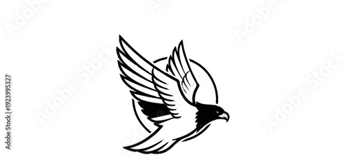 Stylized black and white hawk in flight, wings spread, against a circular backdrop
