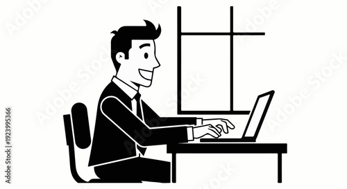 Smiling man in suit typing on laptop at desk by window