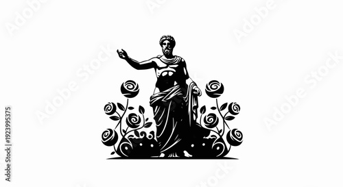 Stylized ancient statue of a man surrounded by ornate rose vines