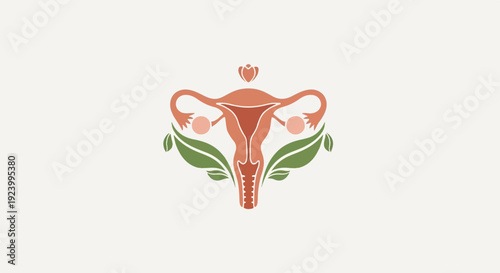 Stylized anatomical illustration of a uterus with ovaries and foliage