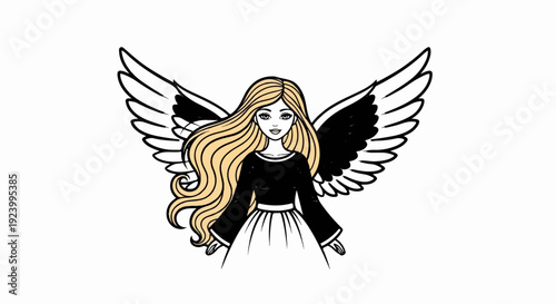 Stylized angel with blonde hair and black and white wings in a dress