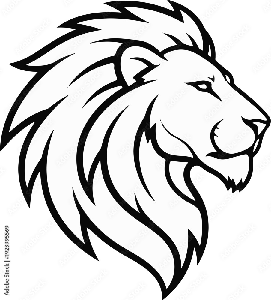 Fototapeta premium Stylized black and white profile illustration of a lion's head with a majestic mane