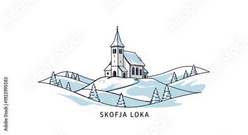 Snowy hills with a church and fir trees