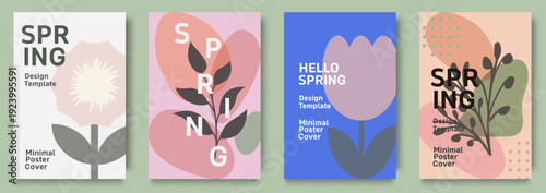 Set of spring poster templates with abstract floral design and modern pastel background layout