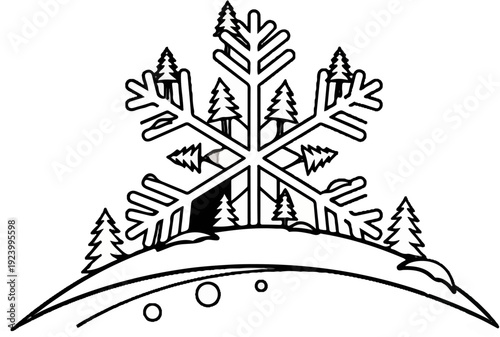 Snowy landscape with a large snowflake adorned with small trees