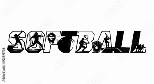 Softball word art with silhouette players and equipment, black on white background
