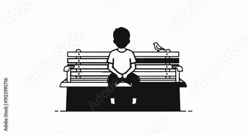 Solitary child on park bench with a small bird companion