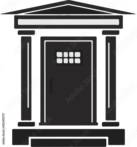 Stylized facade of a building with pillars, a triangular roof, and a door