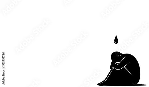 Solitary figure hunched in despair, a single tear falls from above