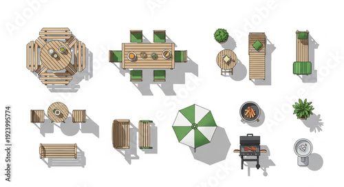 Overhead view of various outdoor furniture and accessories for patio or garden.