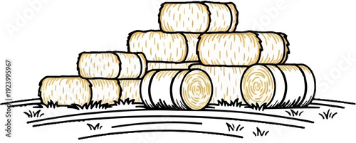 Stack of golden hay bales sits on a grassy field with outlined furrows