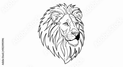 Striking line art portrait of a majestic lion's head with a full mane