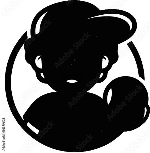 Stylized black and white icon of a person wearing a baseball cap